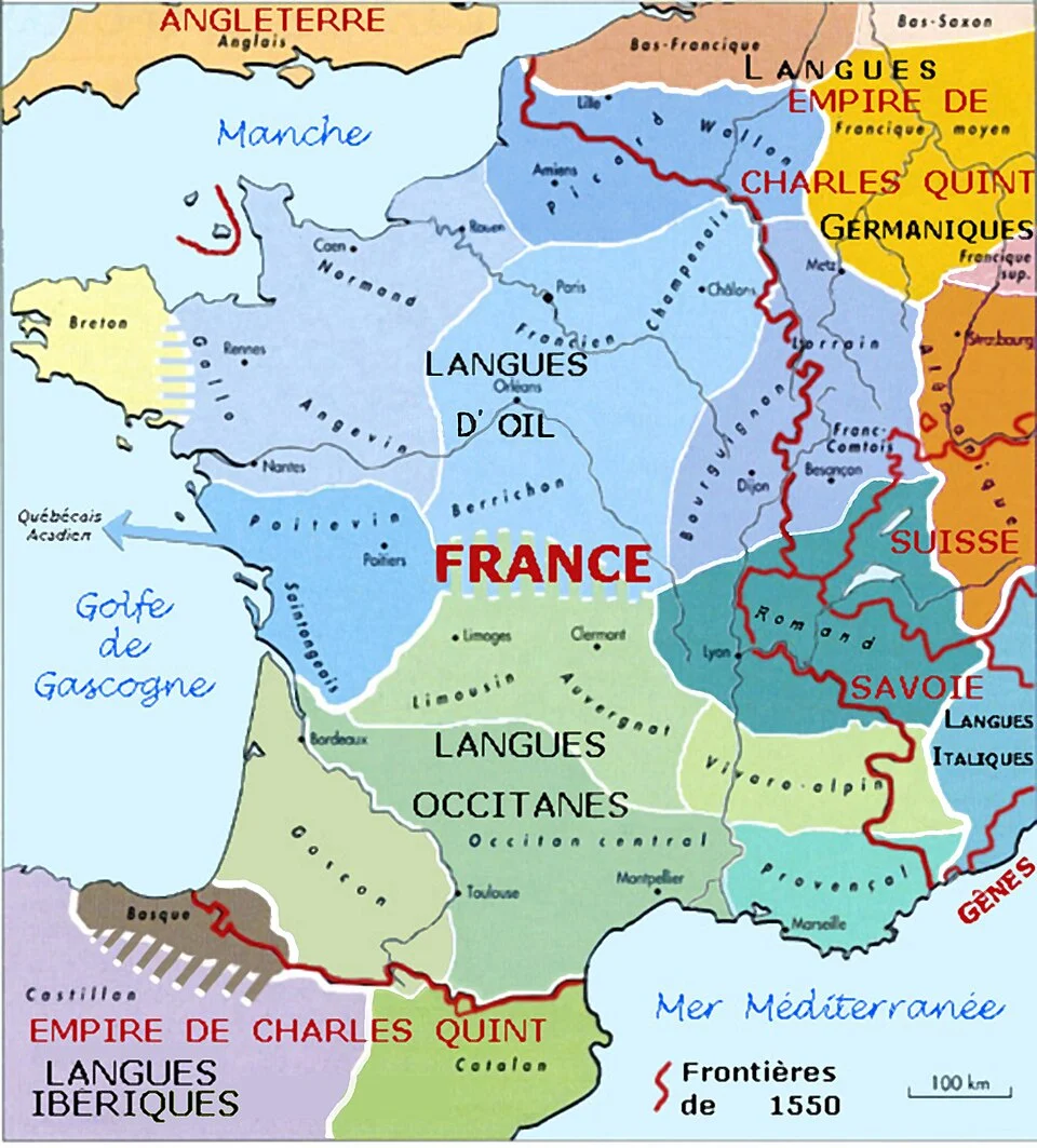 Map of France showing regional languages and borders in 1550.