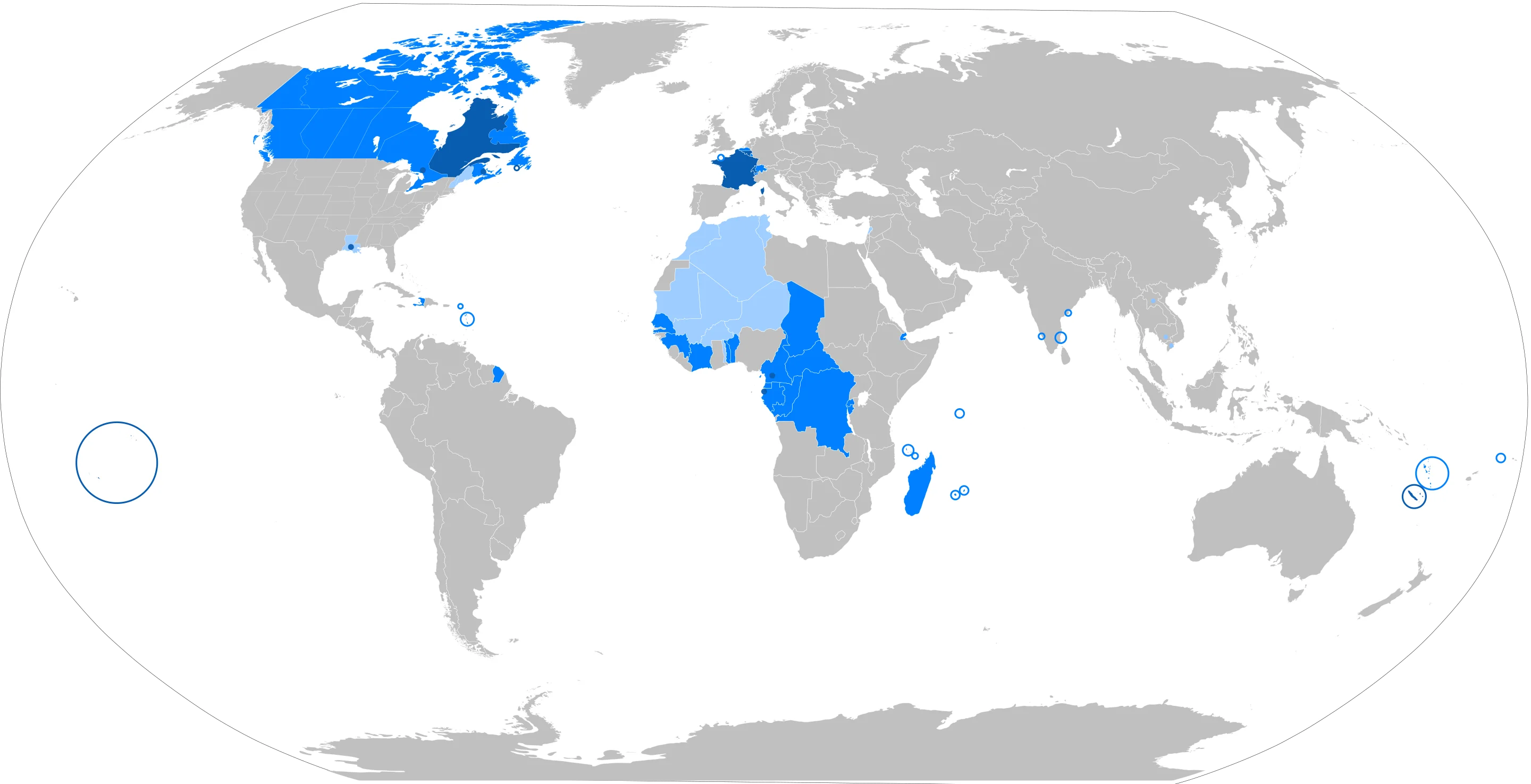 World map highlighting countries where French is native, official, or administrative.