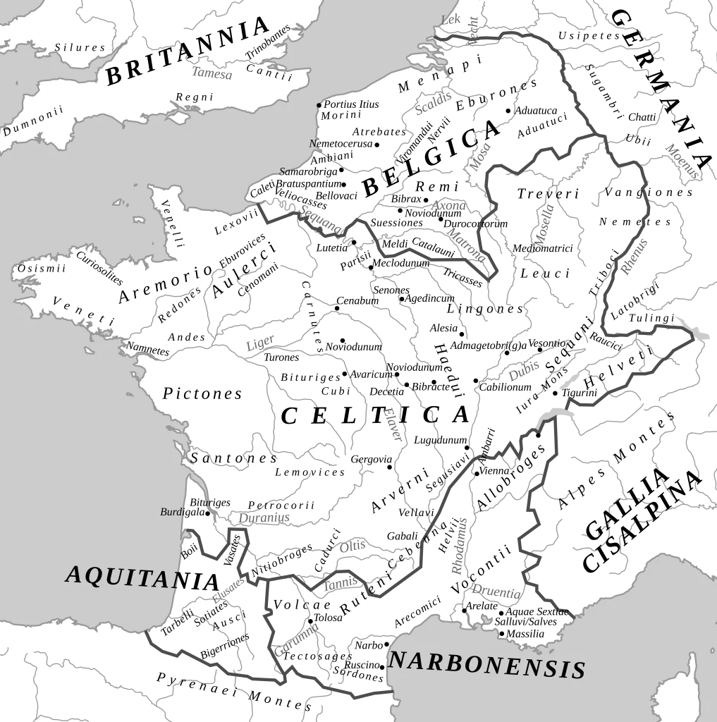 Map of Roman Gaul highlighting major rivers, tribes, and provinces circa 58 BCE.